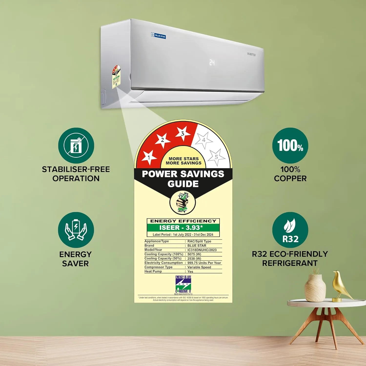 Blue Star  IC318DNUHC 1.5 Ton 3 Star Hot & Cold Convertible Inverter Split AC