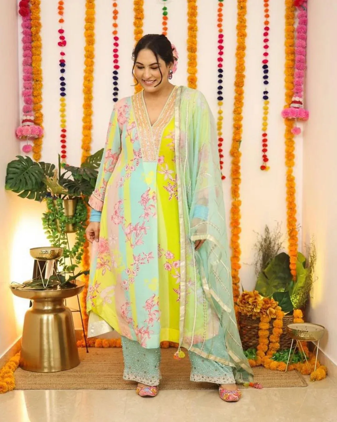 Lime Yellow Orchid Front Pleat Sakshi Sindhwani Kurta Set