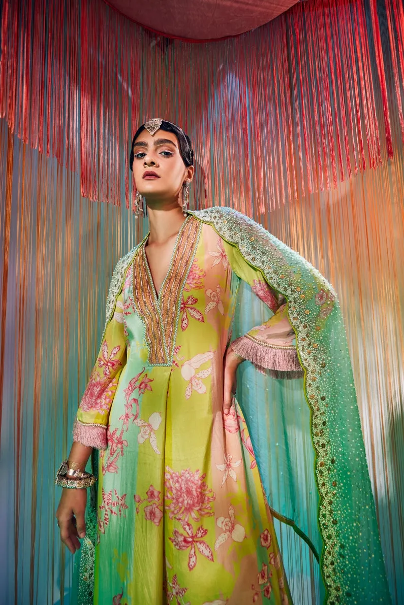 Lime Yellow Orchid Front Pleat Sakshi Sindhwani Kurta Set