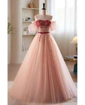 Luolandi Elegant and sweet powder blusher powder beading sequins off shoulder short sleeve prom dress A-shaped princess bow belt tulle backless and floor length evening dress Prom Dress