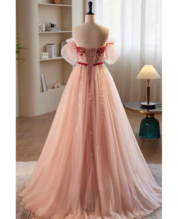 Luolandi Elegant and sweet powder blusher powder beading sequins off shoulder short sleeve prom dress A-shaped princess bow belt tulle backless and floor length evening dress Prom Dress