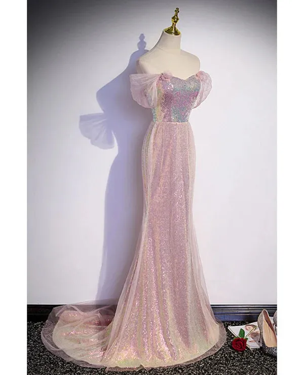 Luolandi Sparkling powder blusher pink sequins off shoulder short sleeve evening dress powder trumpet/mermaid open back zipper sweep tail prom dress