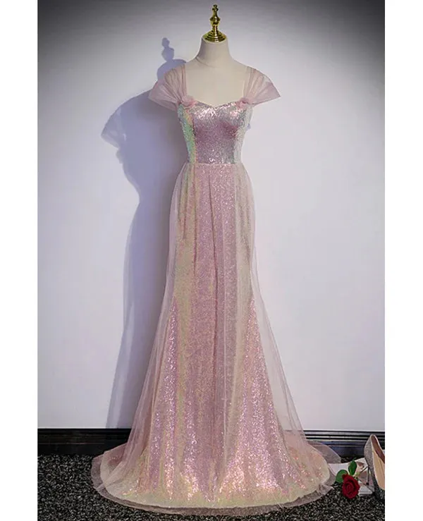 Luolandi Sparkling powder blusher pink sequins off shoulder short sleeve evening dress powder trumpet/mermaid open back zipper sweep tail prom dress