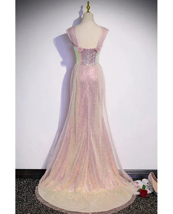 Luolandi Sparkling powder blusher pink sequins off shoulder short sleeve evening dress powder trumpet/mermaid open back zipper sweep tail prom dress