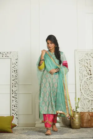 Mehzabeen Powder Blue Printed Silk Back Pleat Kurta Set